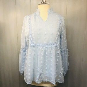 NWOT Sky blue blouse swiss dot with ruffled neckline medium, Boho style